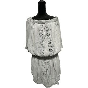Tularosa Off-Shoulder Pintuck gray Dress L Short‎ Puff Sleeves Lace Trim Women's